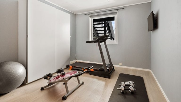 A home gym with a treadmill and exercise equipment